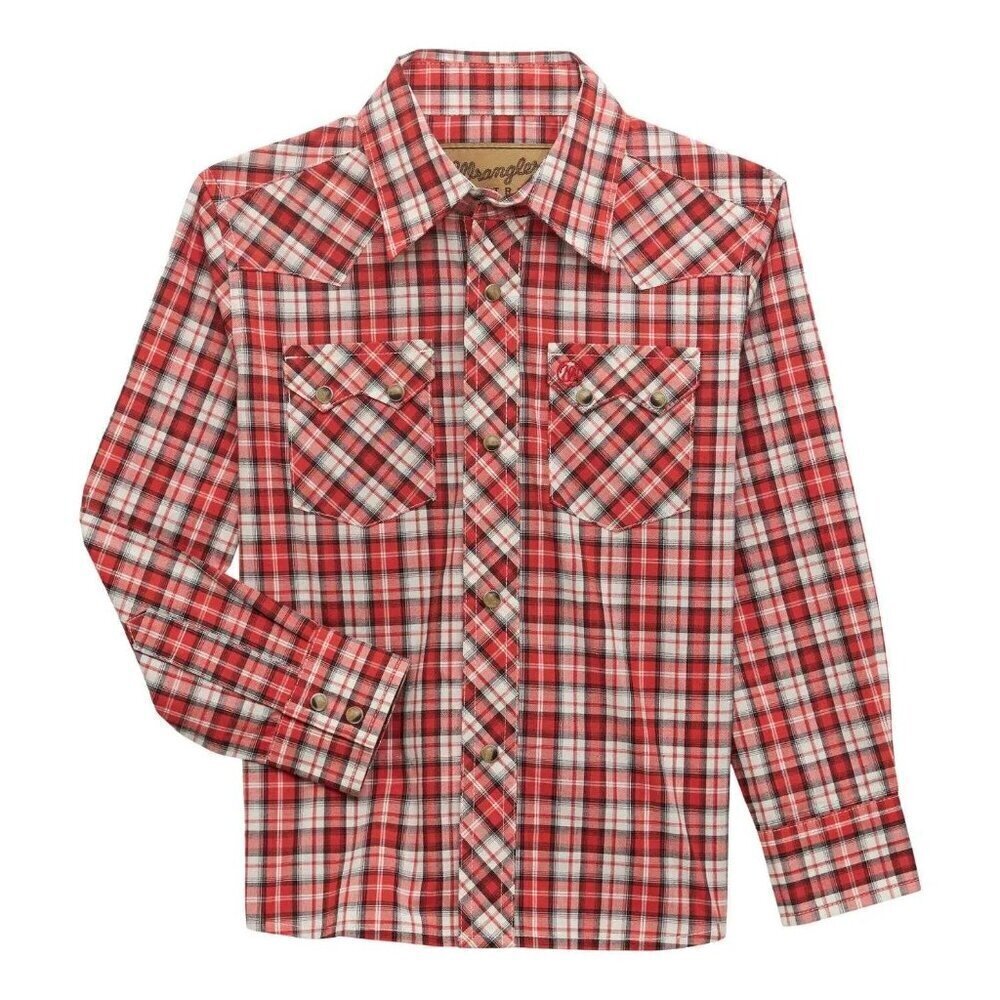 Wrangler Retro Boy's Long Sleeve Plaid Snap Western Shirt - Red